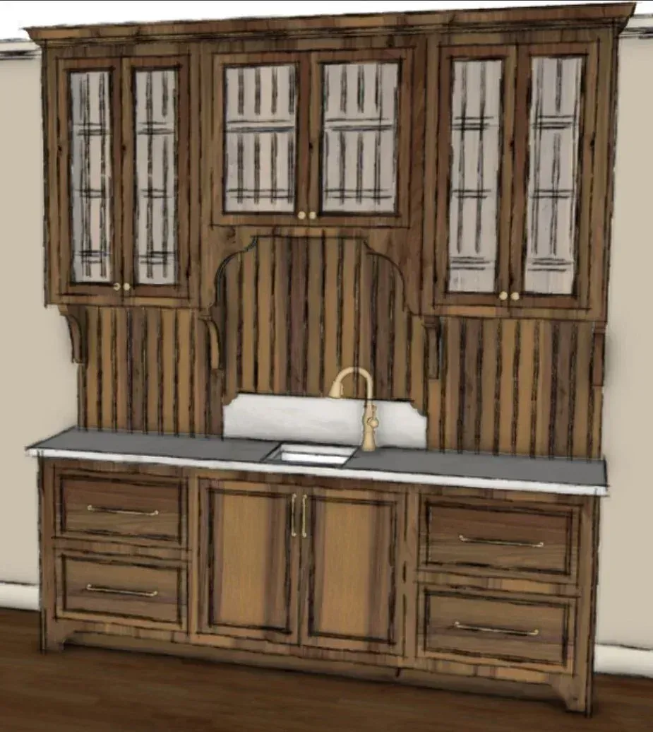 Walnut hutch with glass-front upper doors