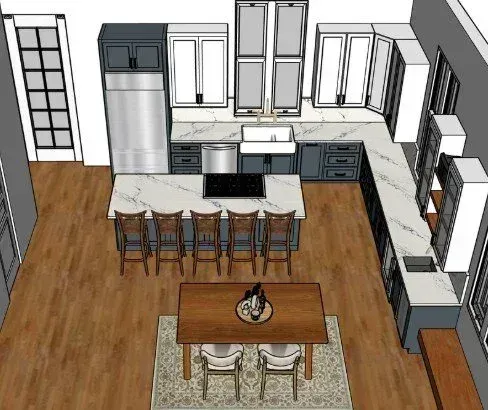 3D design drawing of a two-tone kitchen