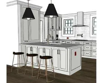3D design drawing of a kitchen island with pendant lights