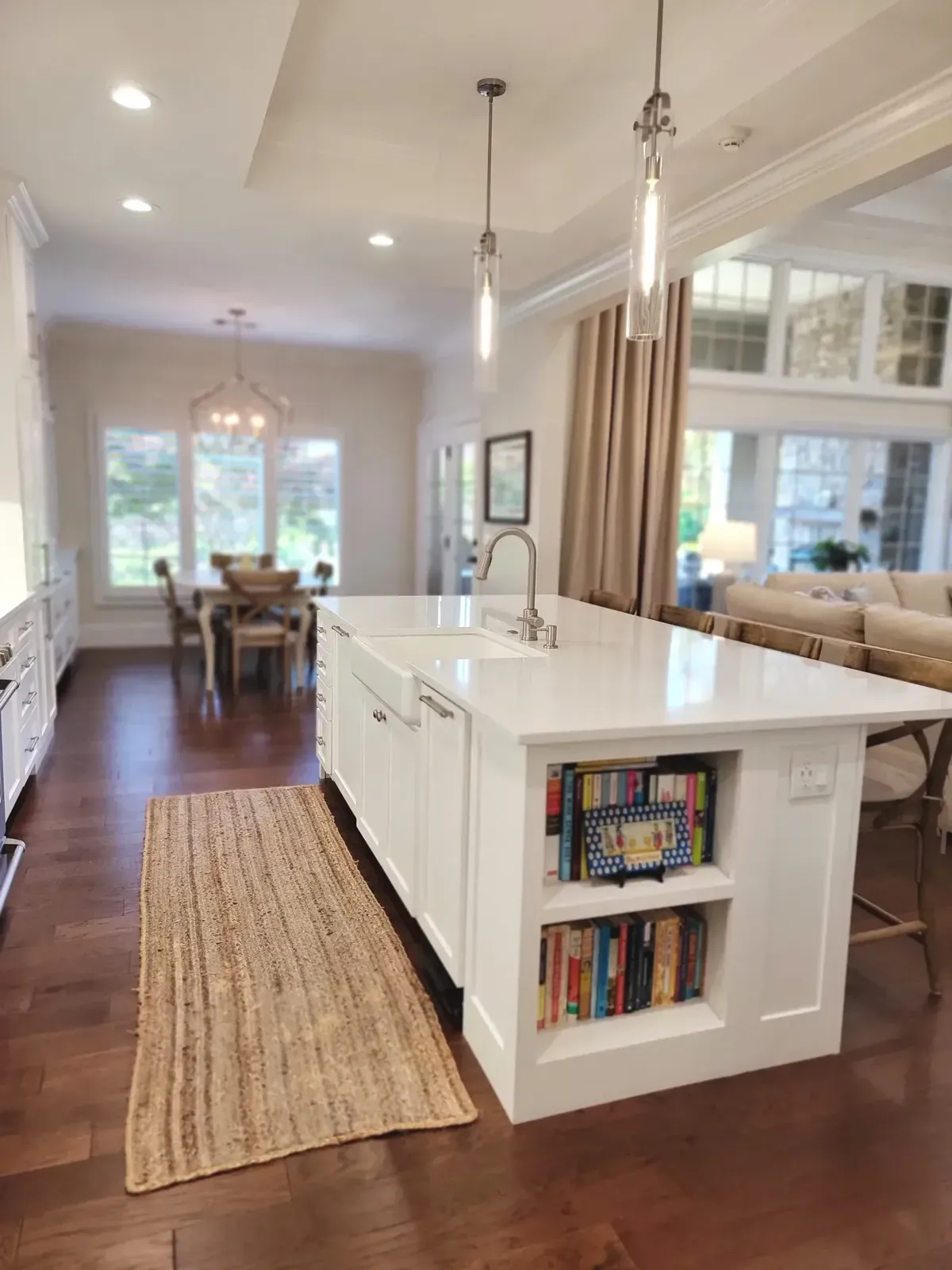 Kitchen island with a built-in bookshelf end